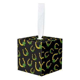 Lucky Golden Horseshoe with Shamrock on Black Cube Ornament
