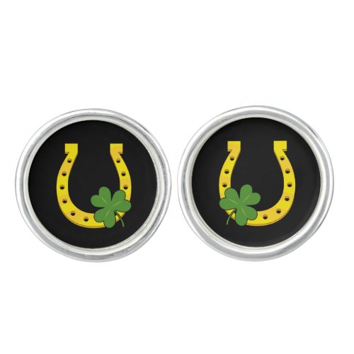 Lucky Golden Horseshoe with Shamrock on Black Cufflinks