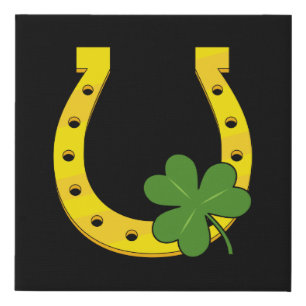 Lucky Golden Horseshoe with Shamrock on Black Faux Canvas Print