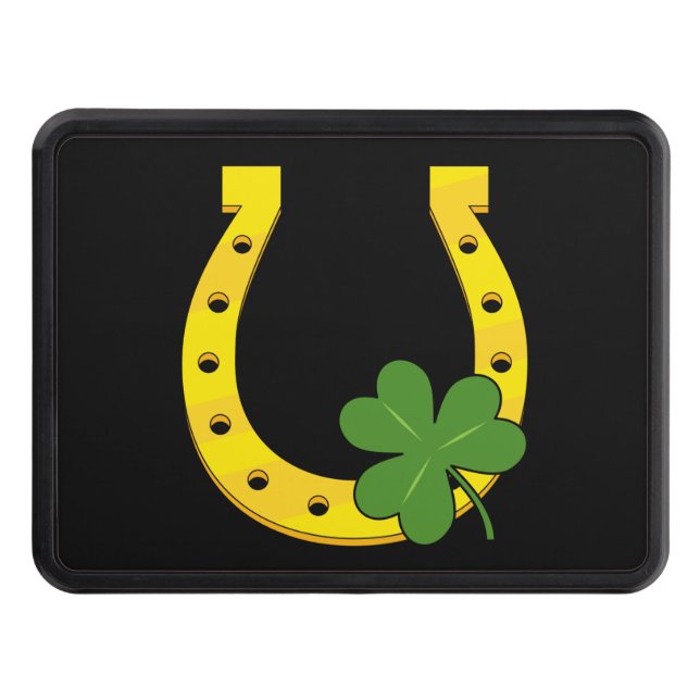 Lucky Golden Horseshoe with Shamrock on Black Hitch Cover (Front)