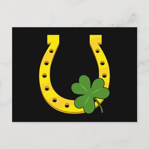 Lucky Golden Horseshoe with Shamrock on Black Holiday Postcard