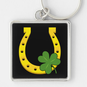 Lucky Golden Horseshoe with Shamrock on Black Keychain