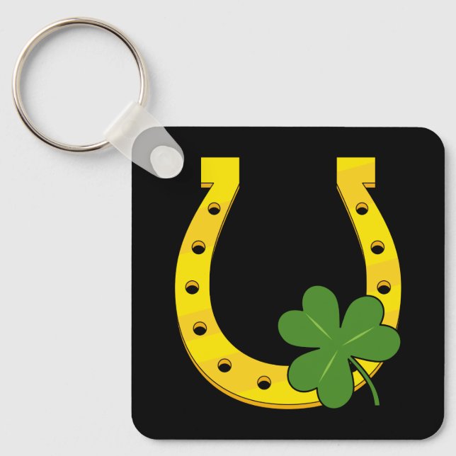 Lucky Golden Horseshoe with Shamrock on Black Keychain (Front)