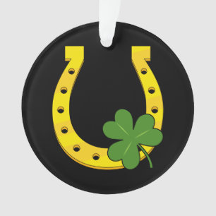 Lucky Golden Horseshoe with Shamrock on Black Ornament