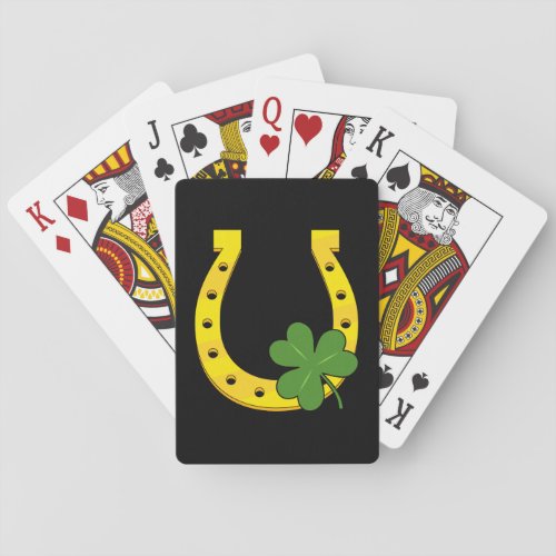 Lucky Golden Horseshoe with Shamrock on Black Playing Cards