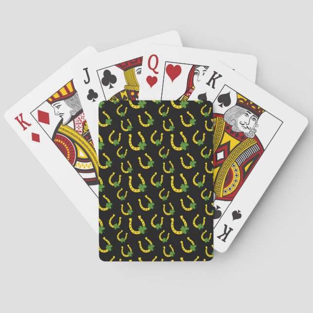 Lucky Golden Horseshoe with Shamrock on Black Poker Cards (Back)