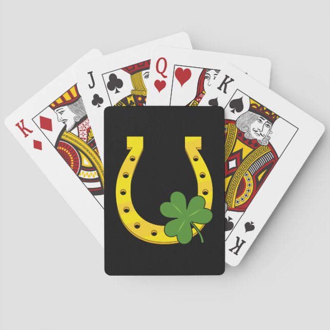 Lucky Golden Horseshoe with Shamrock on Black Poker Cards (Back)