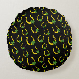 Lucky Golden Horseshoe with Shamrock on Black Round Pillow