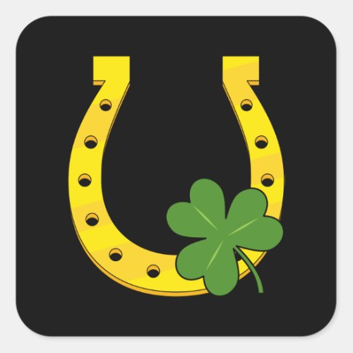 Lucky Golden Horseshoe with Shamrock on Black Square Sticker