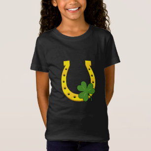 Lucky Golden Horseshoe with Shamrock on Black T-Shirt