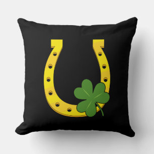 Lucky Golden Horseshoe with Shamrock on Black Throw Pillow