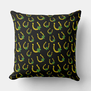 Lucky Golden Horseshoe with Shamrock on Black Throw Pillow