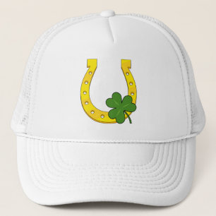 Lucky Golden Horseshoe with Shamrock on Black Trucker Hat