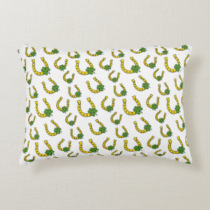 Lucky Golden Horseshoe with Shamrock on White Accent Pillow
