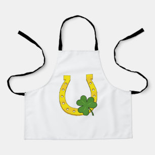 Lucky Golden Horseshoe with Shamrock on White Apron