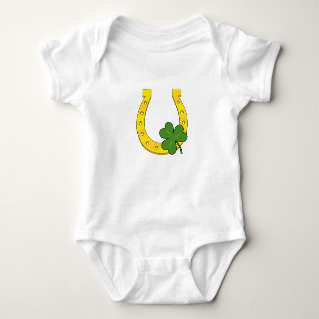 Lucky Golden Horseshoe with Shamrock on White Baby Bodysuit (Front)