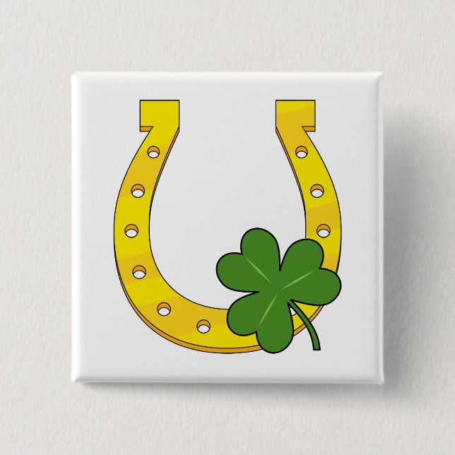 Lucky Golden Horseshoe with Shamrock on White Button (Front)
