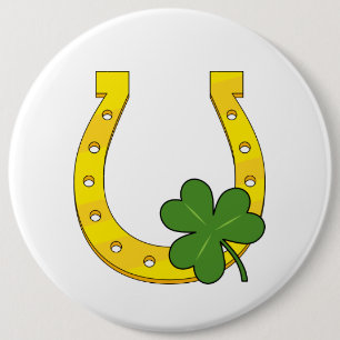 Lucky Golden Horseshoe with Shamrock on White Button