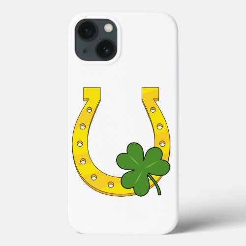 Lucky Golden Horseshoe with Shamrock on White iPhone 13 Case