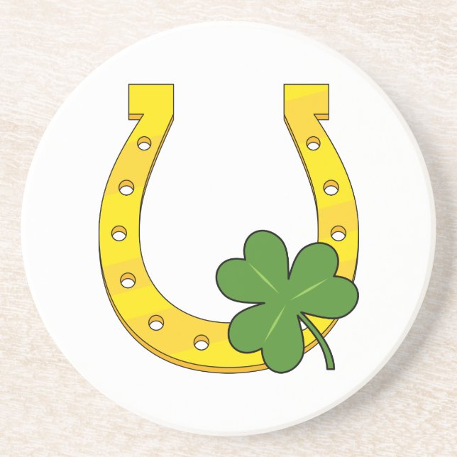 Lucky Golden Horseshoe with Shamrock on White Coaster (Front)