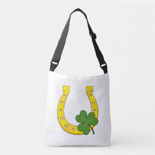 Lucky Golden Horseshoe with Shamrock on White Crossbody Bag