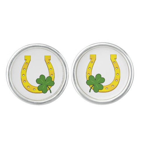 Lucky Golden Horseshoe with Shamrock on White Cufflinks