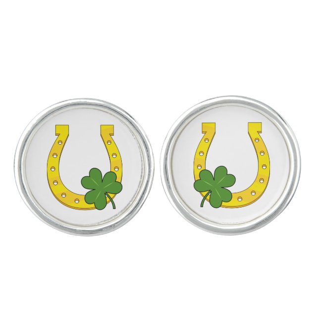 Lucky Golden Horseshoe with Shamrock on White Cufflinks (Front)