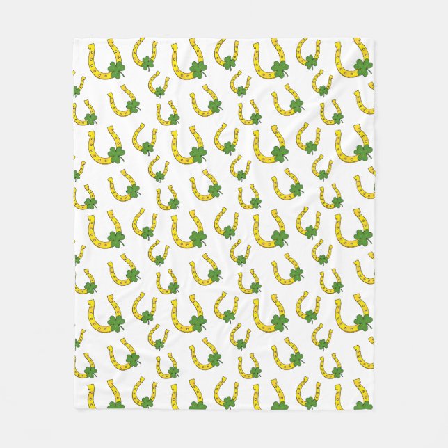 Lucky Golden Horseshoe with Shamrock on White Fleece Blanket (Front)