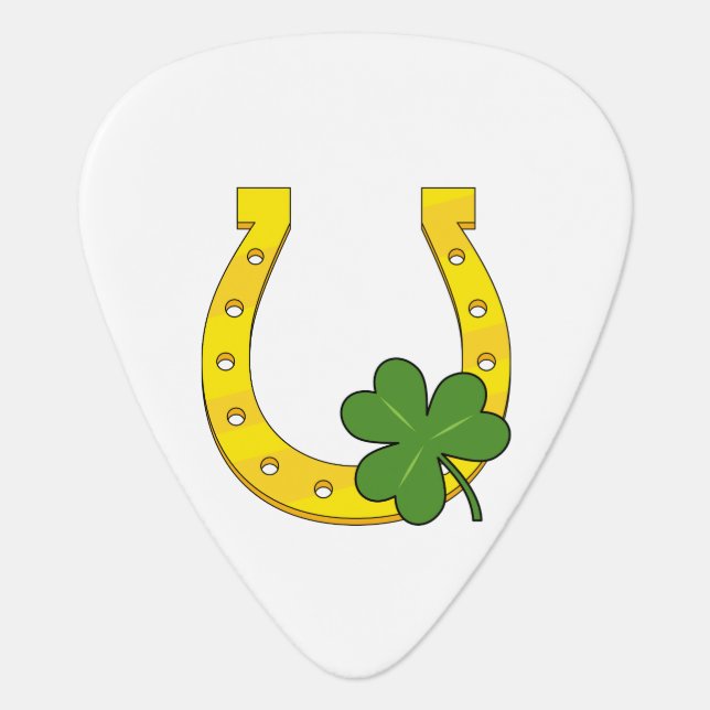 Lucky Golden Horseshoe with Shamrock on White Guitar Pick (Front)