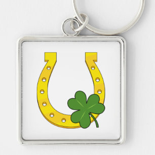 Lucky Golden Horseshoe with Shamrock on White Keychain