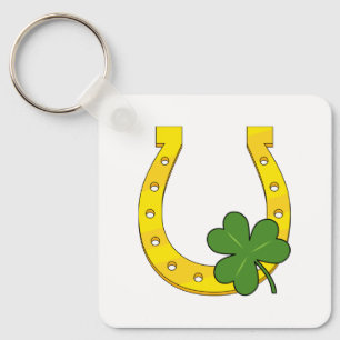 Lucky Golden Horseshoe with Shamrock on White Keychain