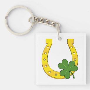 Lucky Golden Horseshoe with Shamrock on White Keychain