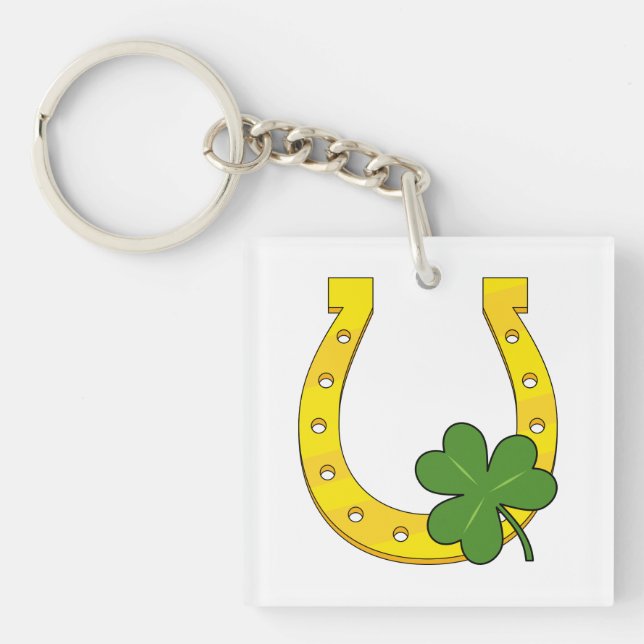 Lucky Golden Horseshoe with Shamrock on White Keychain (Front)