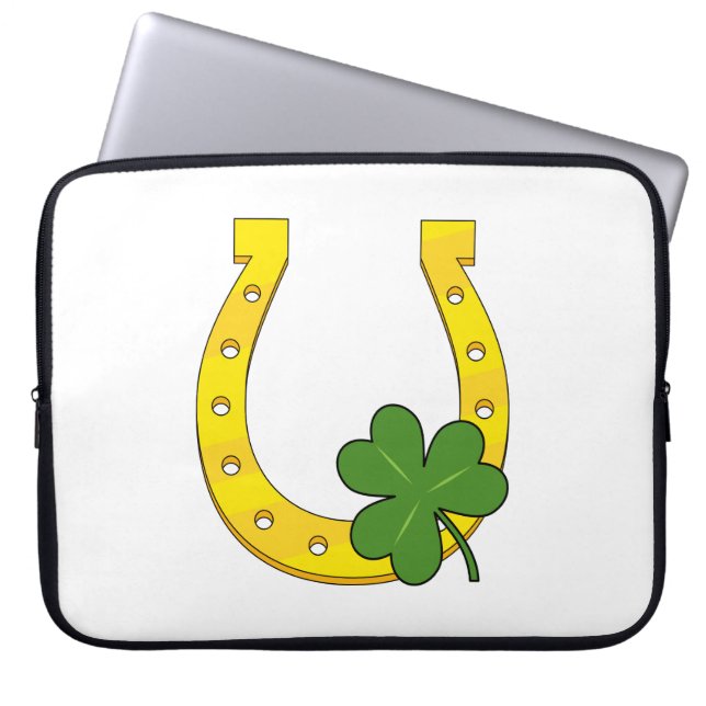 Lucky Golden Horseshoe with Shamrock on White Laptop Sleeve (Front)