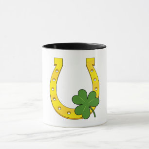 Lucky Golden Horseshoe with Shamrock on White Mug
