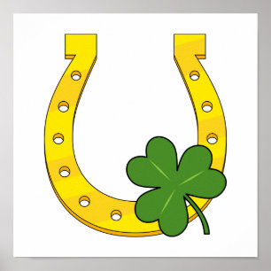 Lucky Golden Horseshoe with Shamrock on White Poster