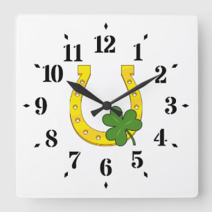 Lucky Golden Horseshoe with Shamrock on White Square Wall Clock