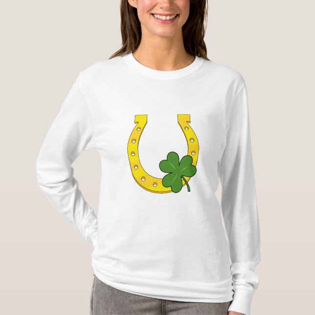 Lucky Golden Horseshoe with Shamrock on White T-Shirt (Front)