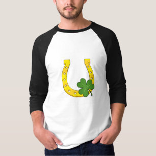 Lucky Golden Horseshoe with Shamrock on White T-Shirt