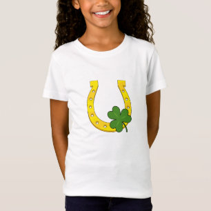 Lucky Golden Horseshoe with Shamrock on White T-Shirt