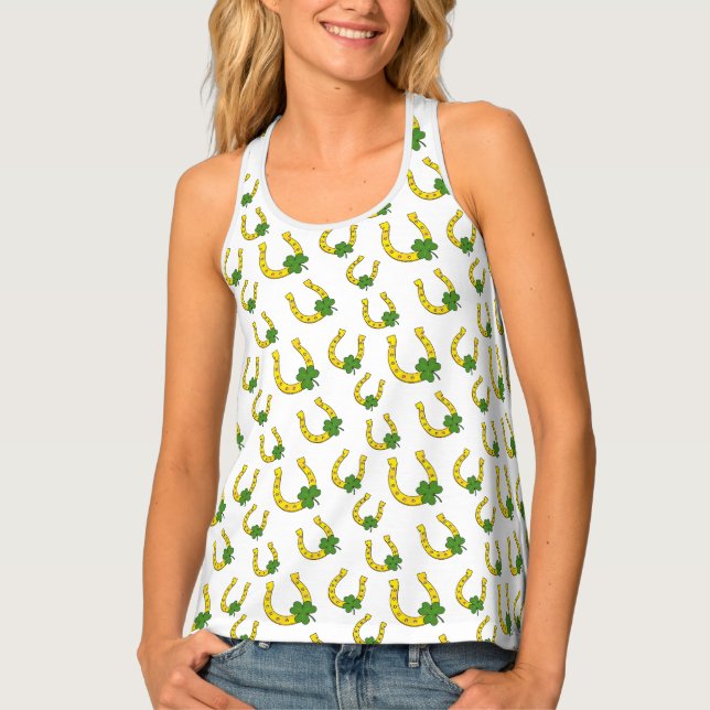 Lucky Golden Horseshoe with Shamrock on White Tank Top (Front)