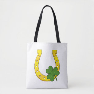 Lucky Golden Horseshoe with Shamrock on White Tote Bag