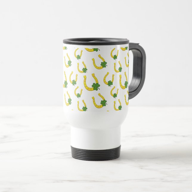 Lucky Golden Horseshoe with Shamrock on White Travel Mug (Front Right)