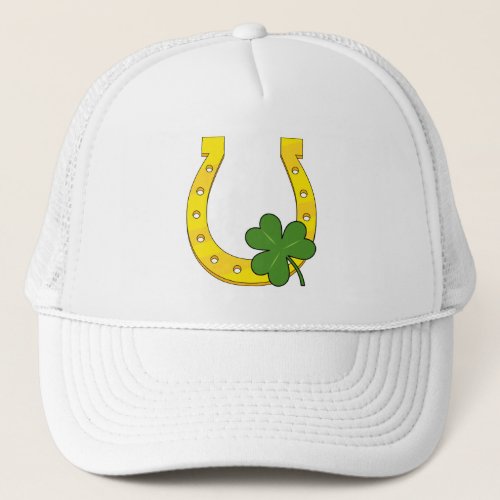 Lucky Golden Horseshoe with Shamrock on White Trucker Hat