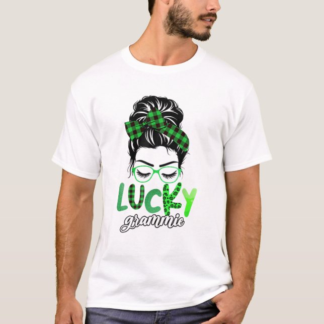 Lucky Grammie Leopard Plaid Messy Bun Irish St Pat T-Shirt (Front)