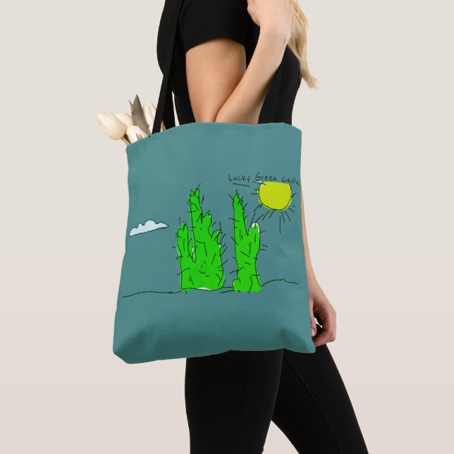 Lucky Green Cactus Doodle Funky Tote Bag (Close Up)