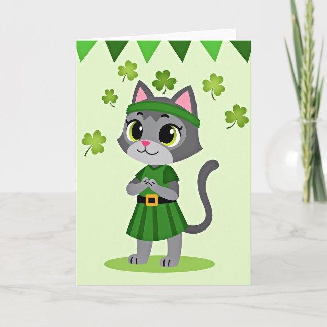 Lucky Green Cat Celebration Card (Front)