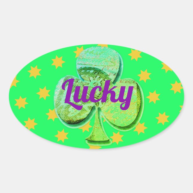 Lucky green clover leaf oval sticker (Front)