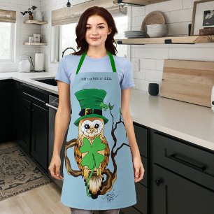 Lucky Green Cute Irish Owl Illustration Apron