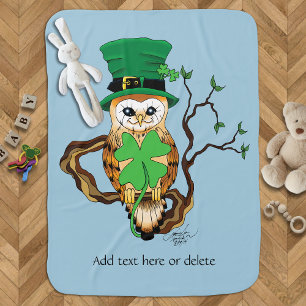 Lucky Green Cute Irish Owl Illustration Baby Blanket